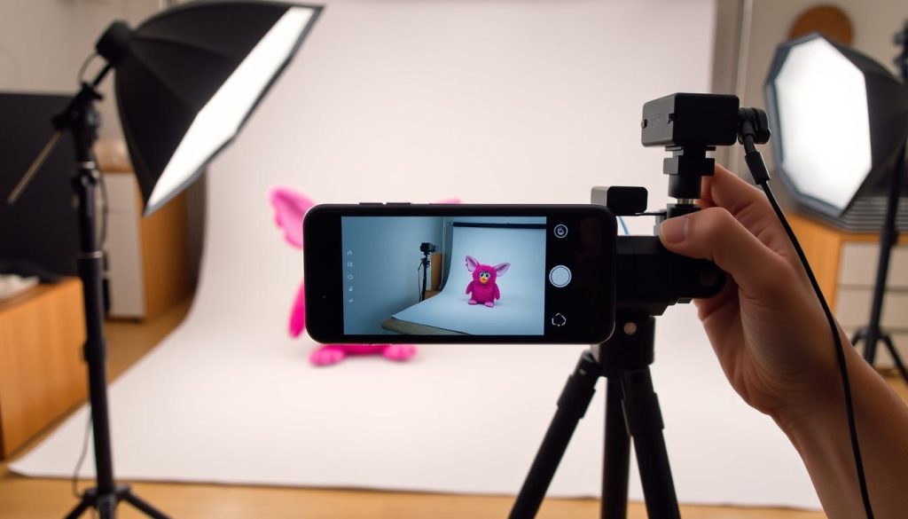 Professional photography setup for selling a 1998 Furby to maximize its worth online