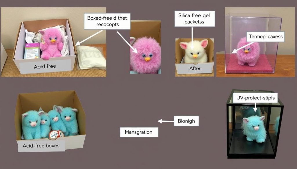 Proper storage setup for boxed Furbies showing archival materials
