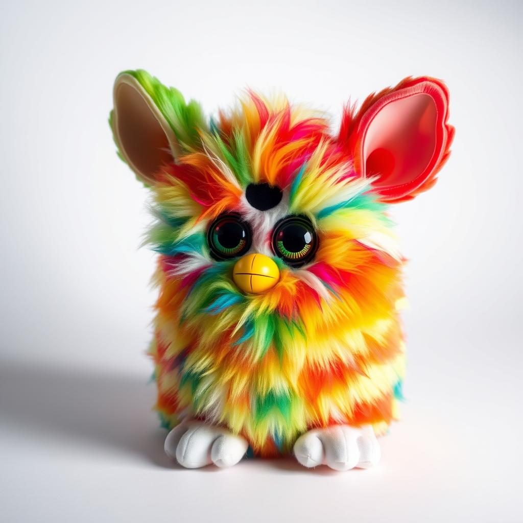 Rainbow Furby with multicolored fur pattern