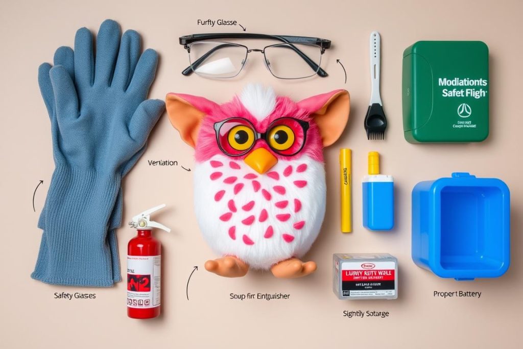 Safety equipment for Furby modification including gloves and protective eyewear