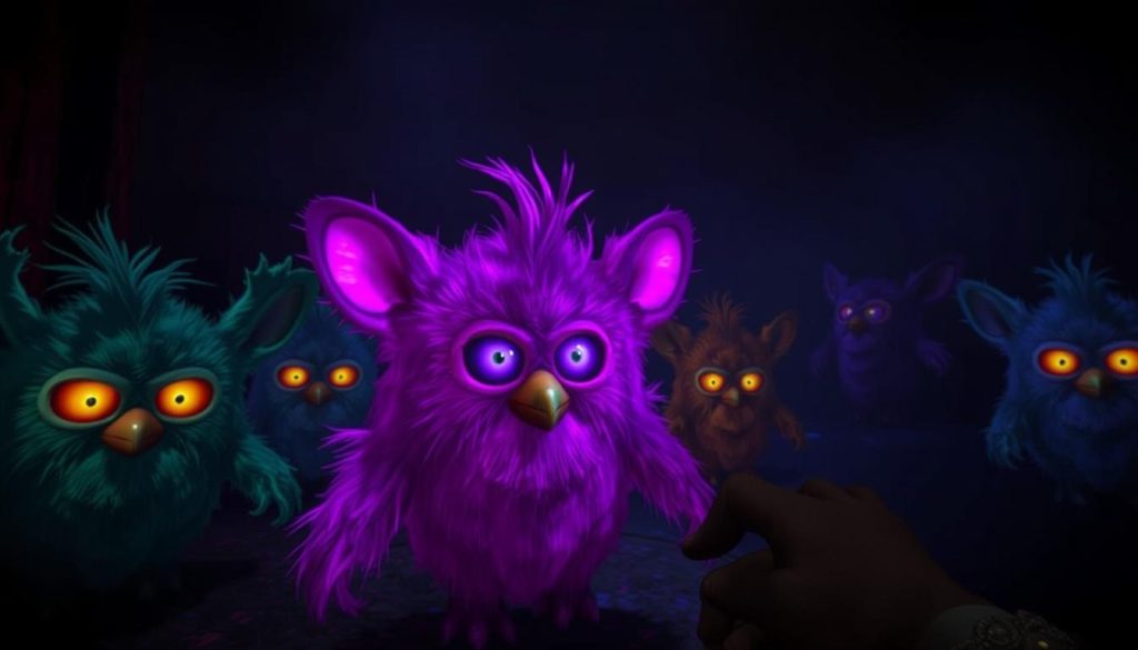 Screenshot from a horror game featuring Furby-inspired characters