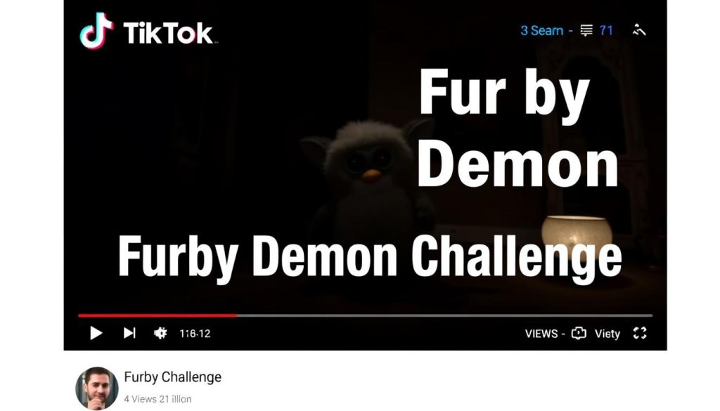 Screenshot of a TikTok furby demon challenge showing a modified Furby