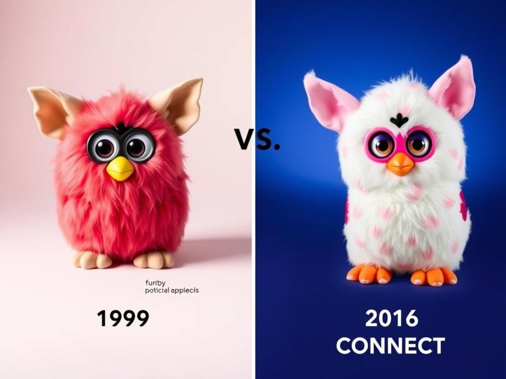 Side-by-side comparison of a 1998 original Furby and a 2016 modern Furby with price indicators