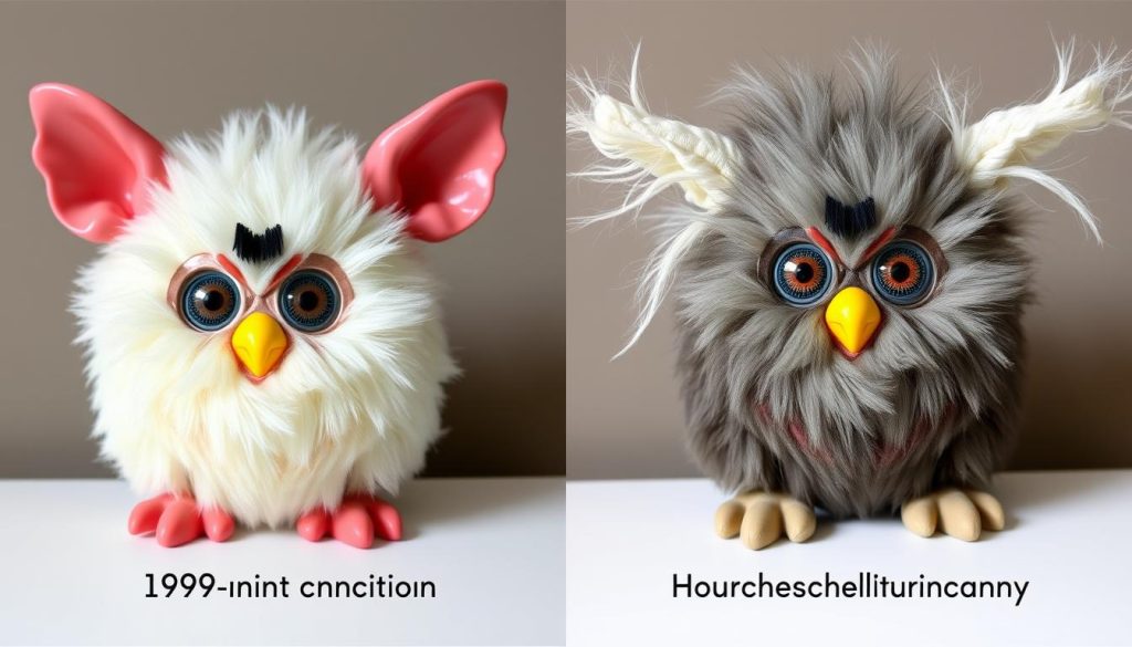 Side-by-side comparison of an original Furby and its cursed modification