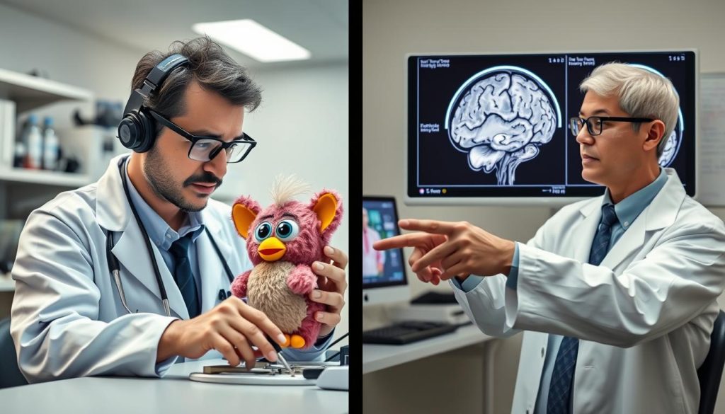 Split image showing a Furby being examined by a technician on one side and a psychologist explaining pareidolia on the other