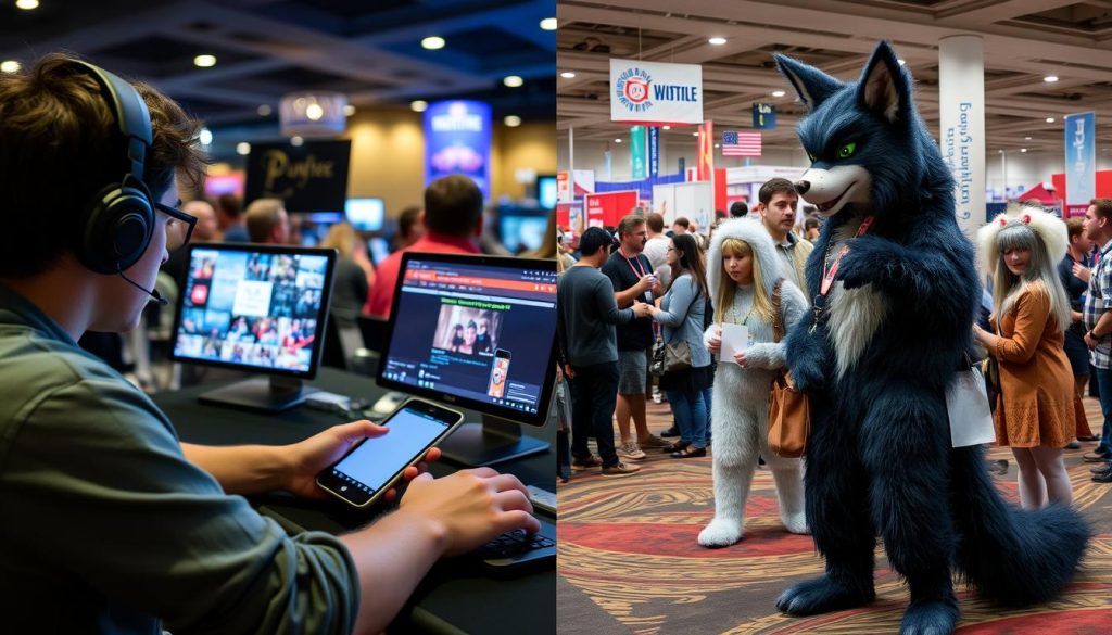 Split image showing online furry communities and in-person convention gatherings