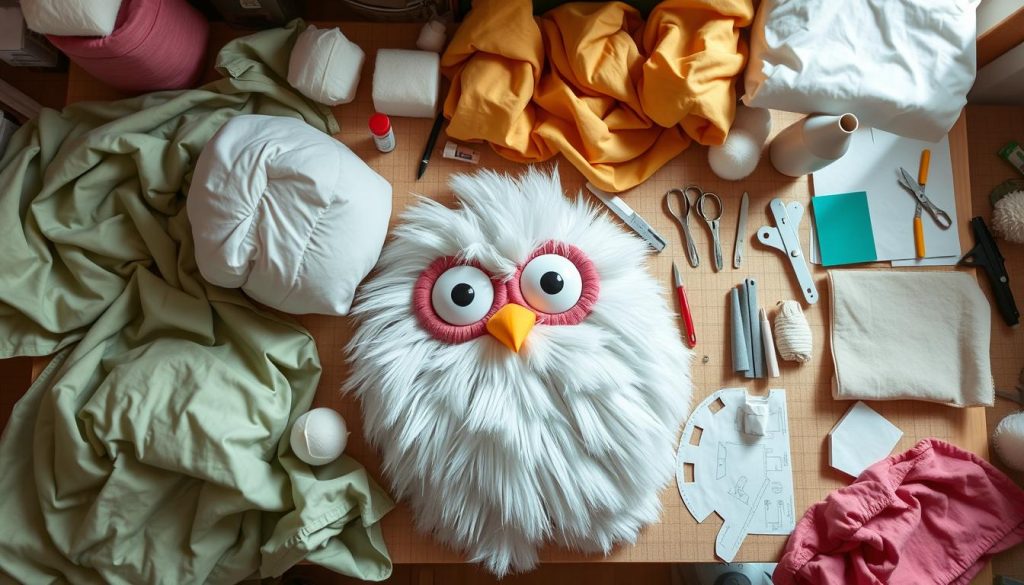 Step-by-step Giant Furby creation process with materials and tools