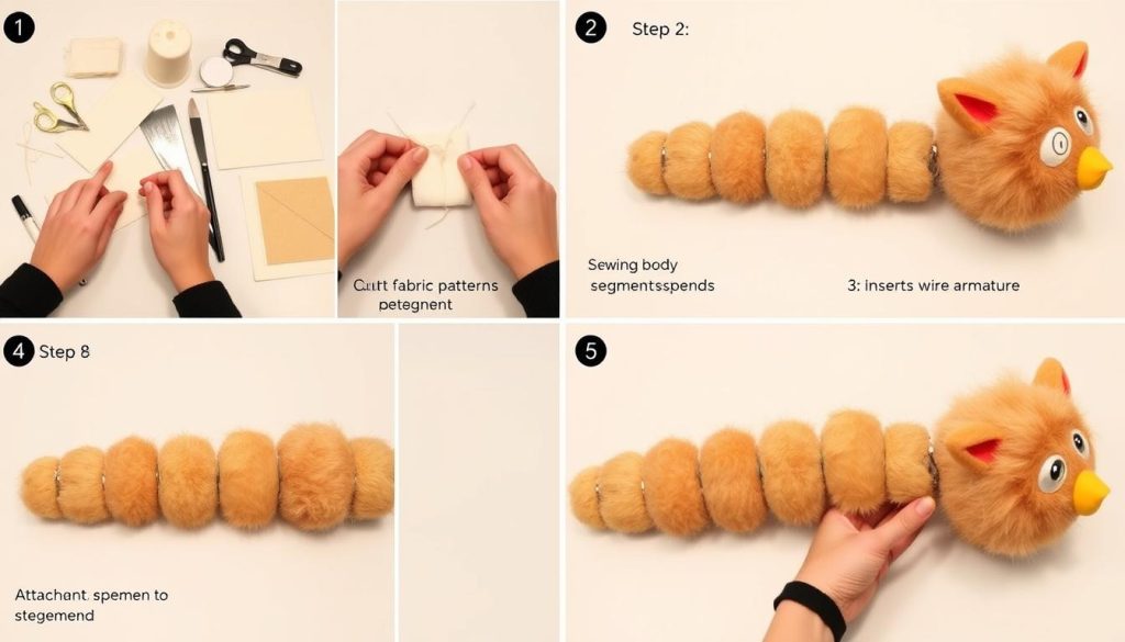 Step-by-step process of assembling the segmented body of a Furby Centipede