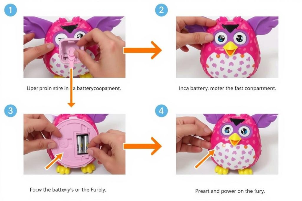 Step-by-step visual guide showing how to install batteries and activate a Furby