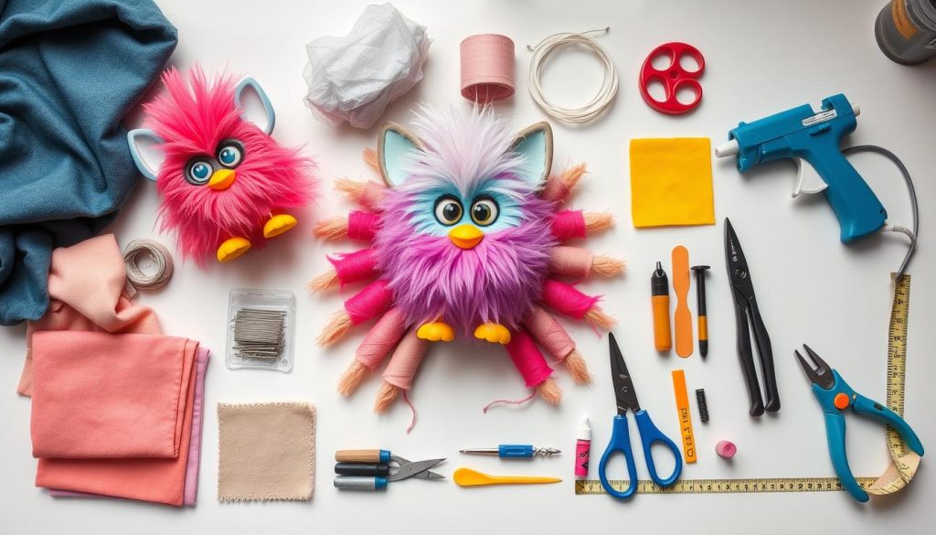 Supplies needed for creating a Furby Centipede, arranged neatly on a workspace