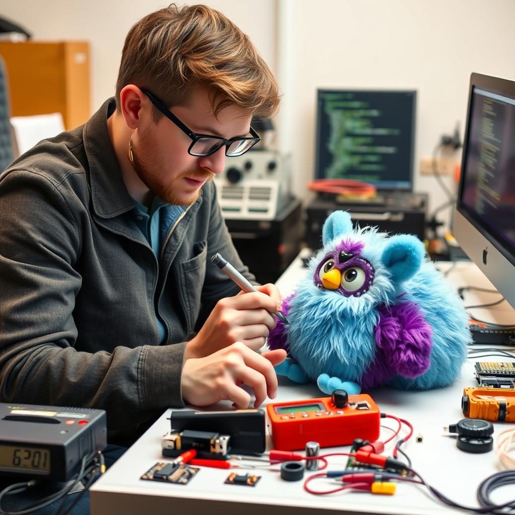 Tech engineer working on an electronic Furby modification