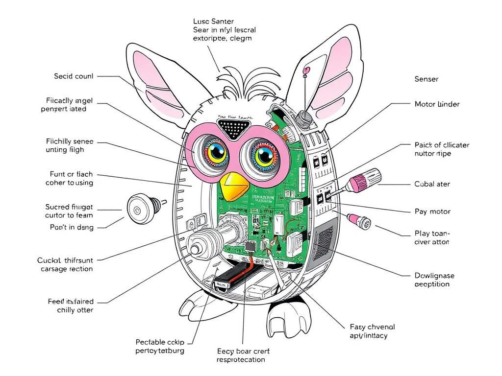 Technical diagram showing the internal components of a Furby toy