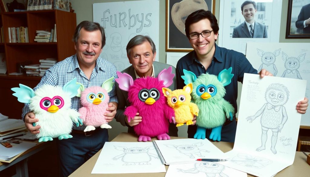 The creators of Furby with early prototypes of the toy
