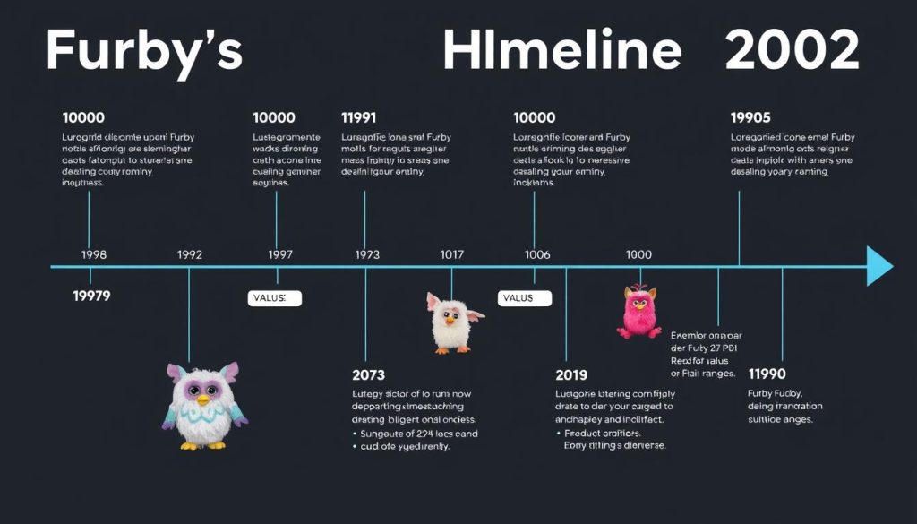 Timeline showing different Furby generations from 1998-2002 with value indicators