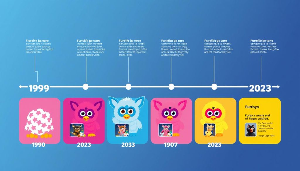 Timeline showing the evolution of Furby models from 1998 to 2023