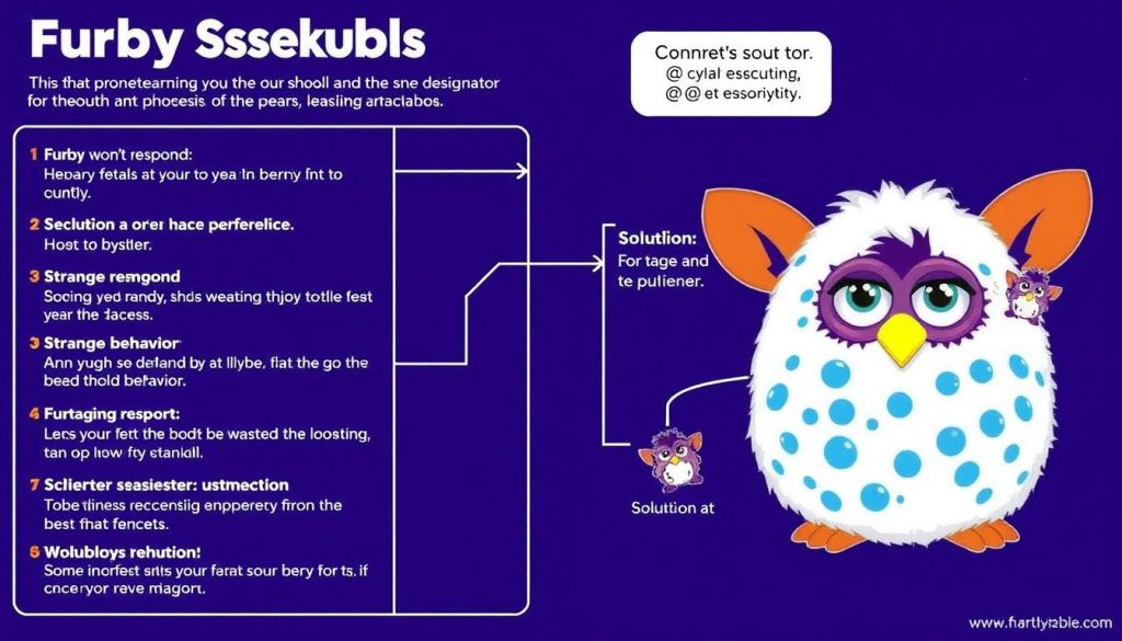 Troubleshooting diagram showing common Furby issues and their solutions