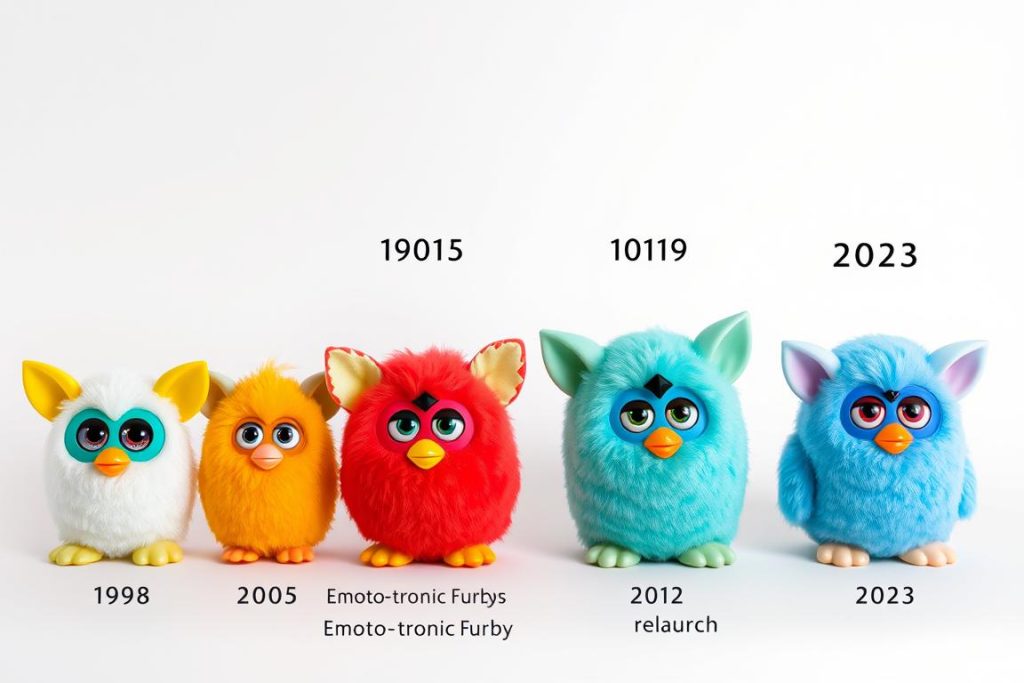 Various generations of Furby toys showing their evolution over time
