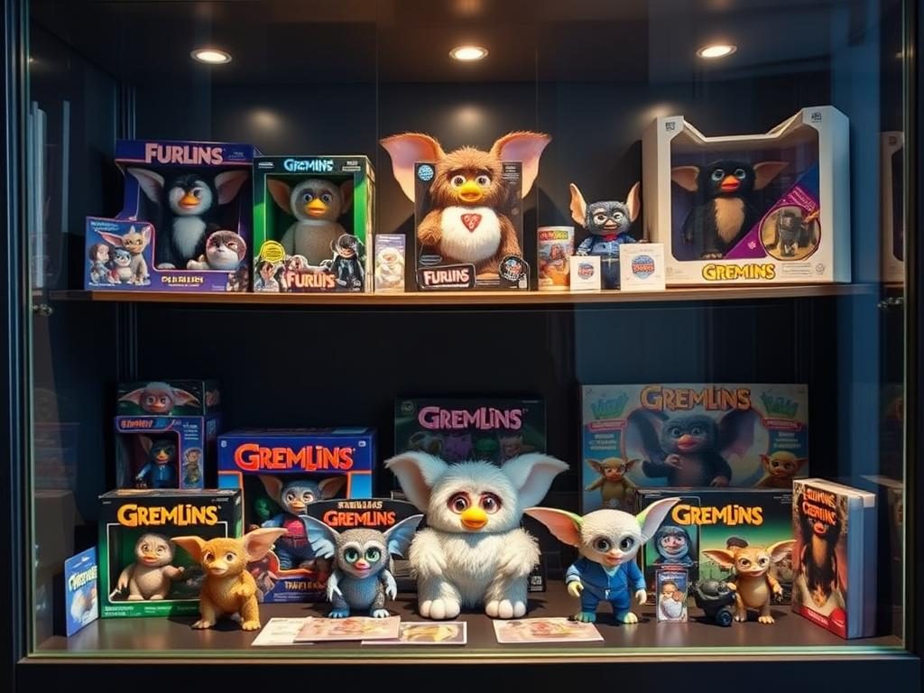 Vintage Furby and Gremlins merchandise displayed in a collector's showcase