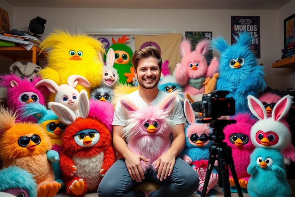Viral TikTok creator with collection of Giant Furbies