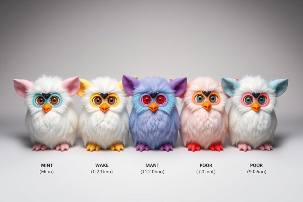 Visual guide showing Furby condition grades from mint to poor for furby price guide reference